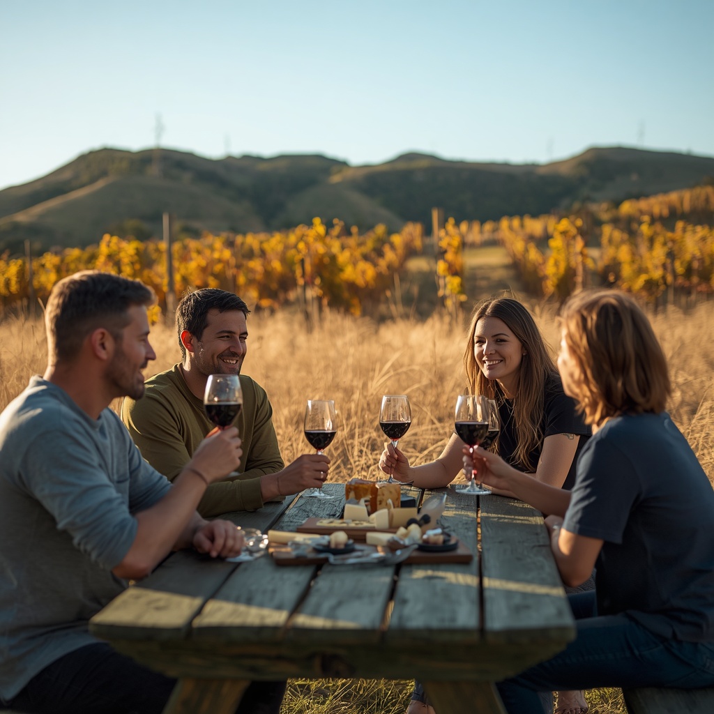 group of 4 at picnic table A group cycing in a vineyard with On Yer Bike