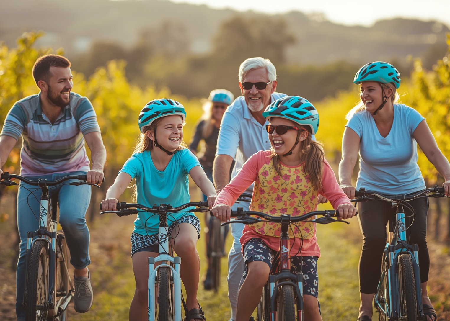 family biking in vineyard